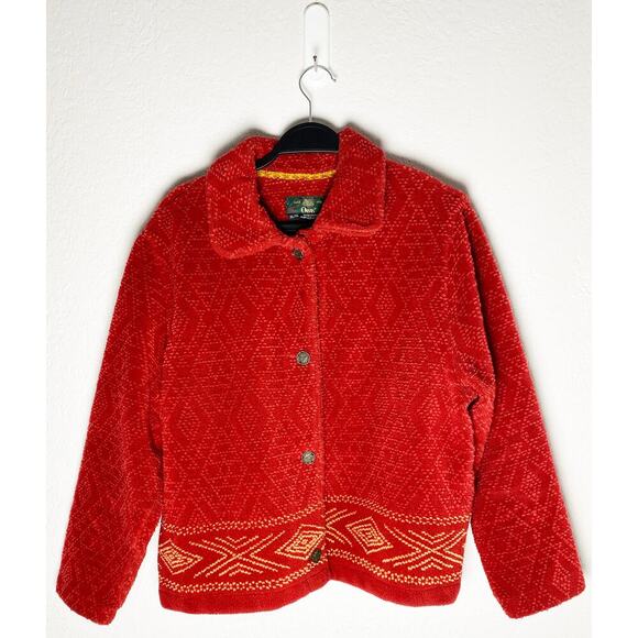 Vintage Orvis Women's Short Rust Orange Aztec Texture Print Jacket Pockets Soft - Picture 1 of 7